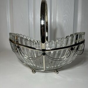 Vintage leaded Glass Bride's Basket Decorative Bowl Silver Plated/ Chrome Handle